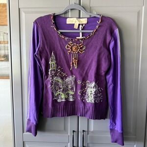 Mosquito Jeans Y2K Embellished Beaded Knit Long Sleeve Top, Purple,L(NWT)